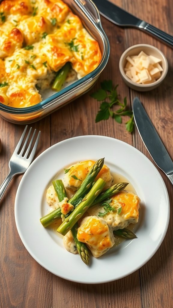 Savory asparagus and egg casserole on a plate, garnished with herbs, with a rustic wooden table setting.